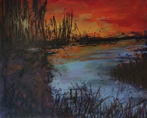 Sharon Withers 'On Reflection' sunset pond painting for sale