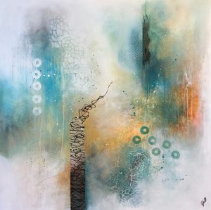 Andrea Gill Distance III minimalist teal abstract art for sale