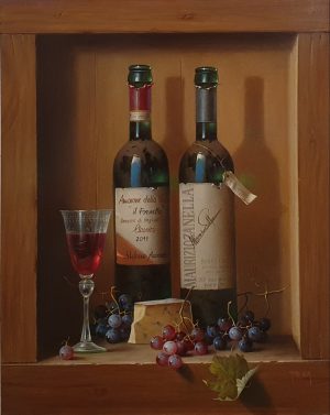 Zoltan Preiner Amarone Della Valpolicella and Maurizio Zanella original traditional fine art oil painting of realistic wine bottles and grapes in frame