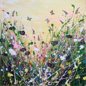 Tracey Thornton Mellow Yellow Painting with Flowers and butterflies painted and collaged in a modern abstract style
