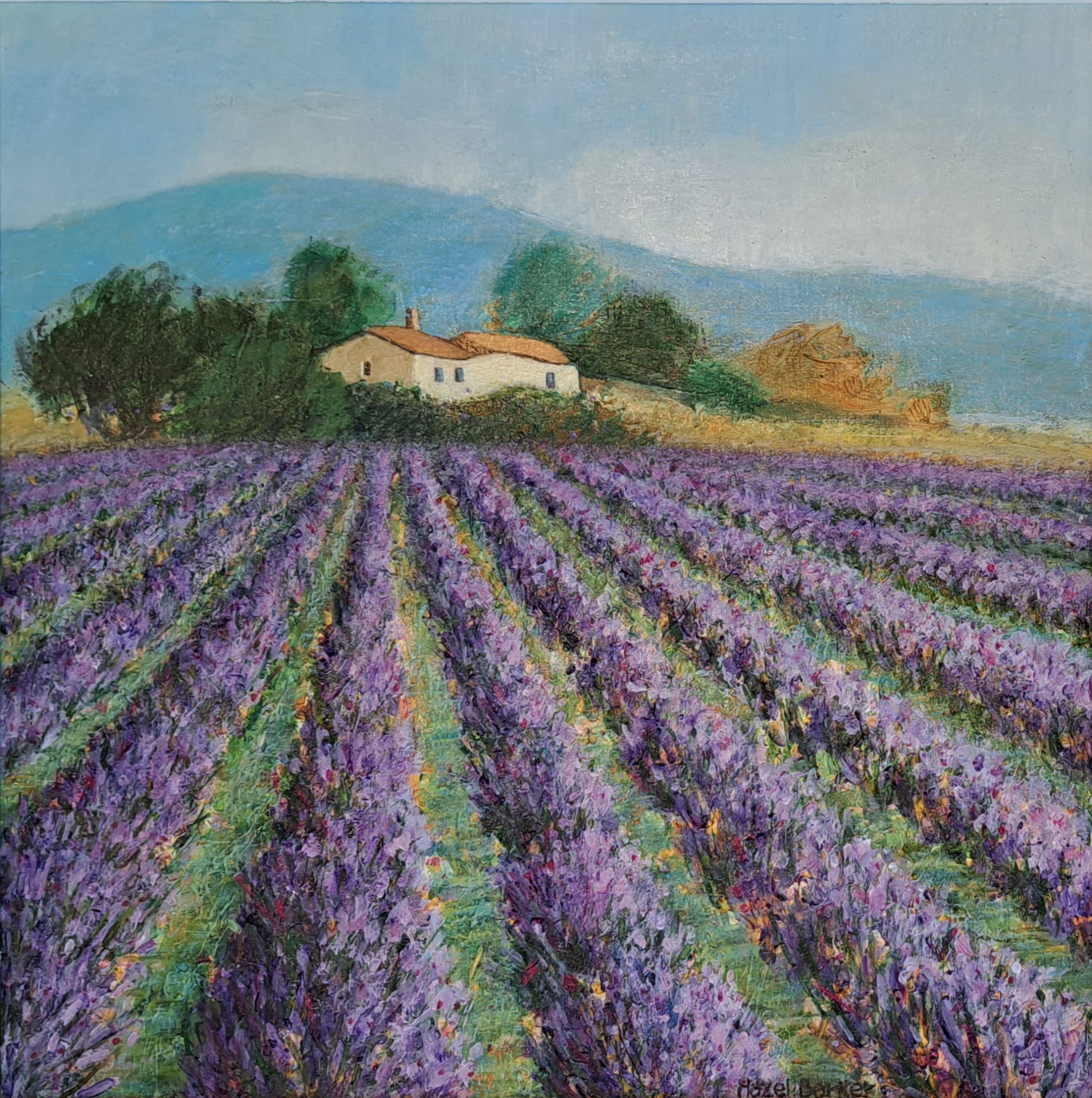 Hazel Barker Lavender Fi painting lilac light purple floral meadow painting with building in traditional Mediterranean landscape scene