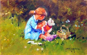 John Haskins Running Repairs child with teddy painting for sale