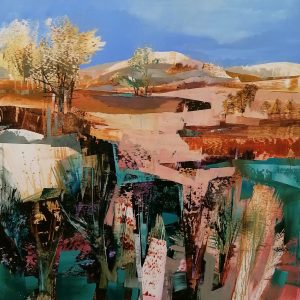 Celia Wilkinson Blue Skies Calling 80x80cm large abstract landscape