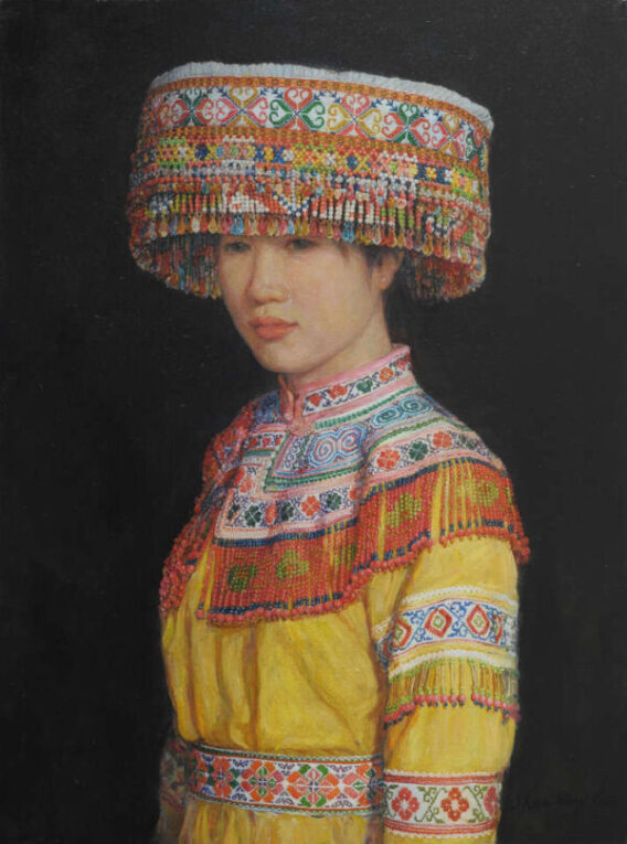 Shen Ming Cun Beauty in Yellow Miao Tribe luxury art oil painting with young Chinese woman wearing colourful yellow beaded cultural clothing painted in traditional Fine Art style