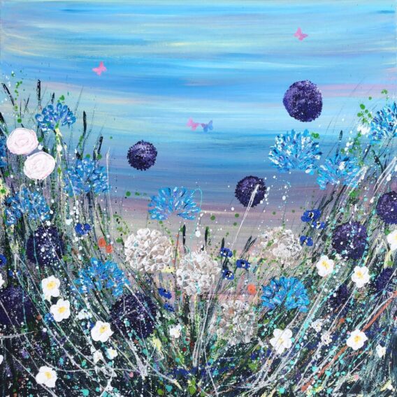 Tracey Thornton A Wonderfully Full Life blue painting on canvas in acrylic and mixed media with flowers and butterflies in modern abstract style