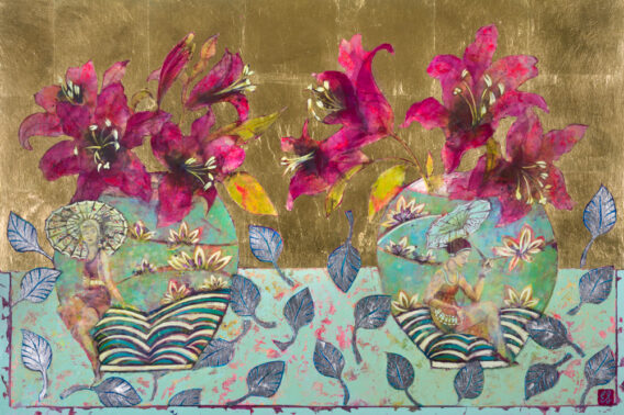 Emma Forrester The Sun Shone High gold leaf art mixed media colourful modern still life painting with pink flowers in blue oriental chinese vases