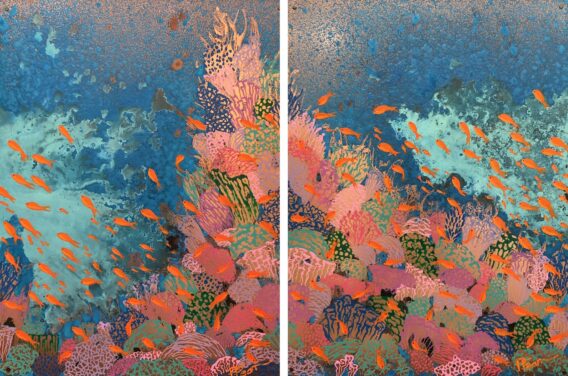 Paul Fearn Three Colours Blue II Diptych version 1 painting original colourful modern artwork with orange fish and pink purple coral in sea