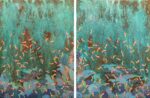 Paul Fearn Three Colours Blue IV Diptych version 1 fish painting colourful teal artwork across two panels with orange fish in modern sea scene