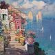 Mario Sanzone Capri italy painting colourful original coastal Mediterranean painting with pink buildings and blue sea in modern style