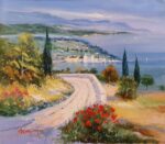 Menzinger Mediterranean Pathway painting colourful original coastal landscape painting of summery holiday location in traditional style