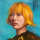 Julie Cross Golden buy unique modern art original grey framed contemporary portrait painting of woman with yellow hair and teal background