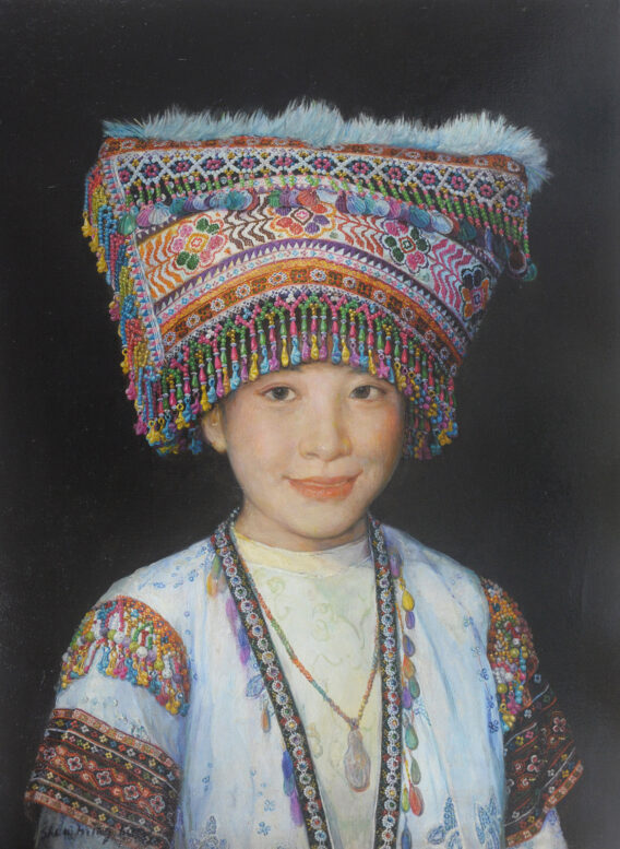 The smile Miao Tribe Shen Ming Cun oriental portrait original oil painting of girl in traditional Chinese cultural clothing