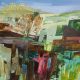 Blustery Celia Wilkinson pastel green abstract painting colourful original large-scale abstract landscape painting with blue sky over hills