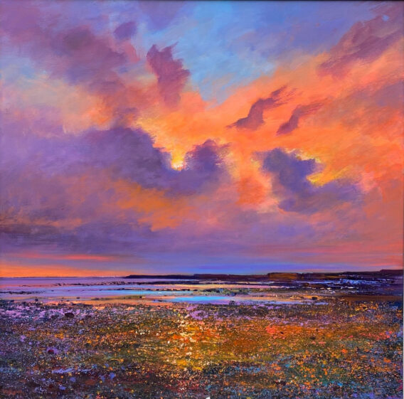 John Connolly Blazing Sky at Low Tide beach painting with orange purple sky over sandy beach