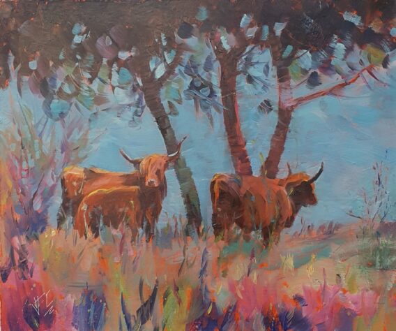 JC Outcast multicoloured highland cow painting of cows in landscape with tree