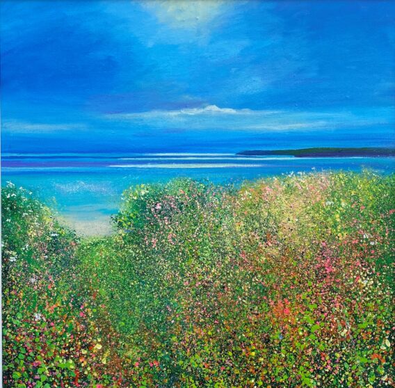 John Connolly Walk to the Beach wildflower painting colourful original framed beach painting with blue sky and sea and floral coastline