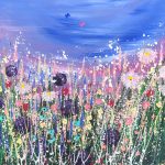 Honeymoon wedding gift painting blue and pink floral meadow painting with alliums and daisies flowers in modern style