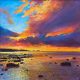 John Connolly Saltwick Sunrise painting vibrant modern dramatic sunset painting with orange purple blue colours in sky over rocky pebble beach