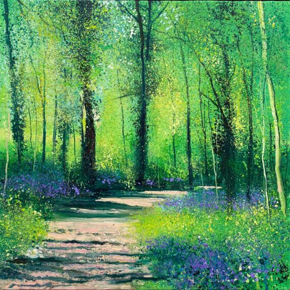 John Connolly Morning Walk With Betty painting green woodland painting with Spring bluebells in modern art style. Perfect Christmas gift idea