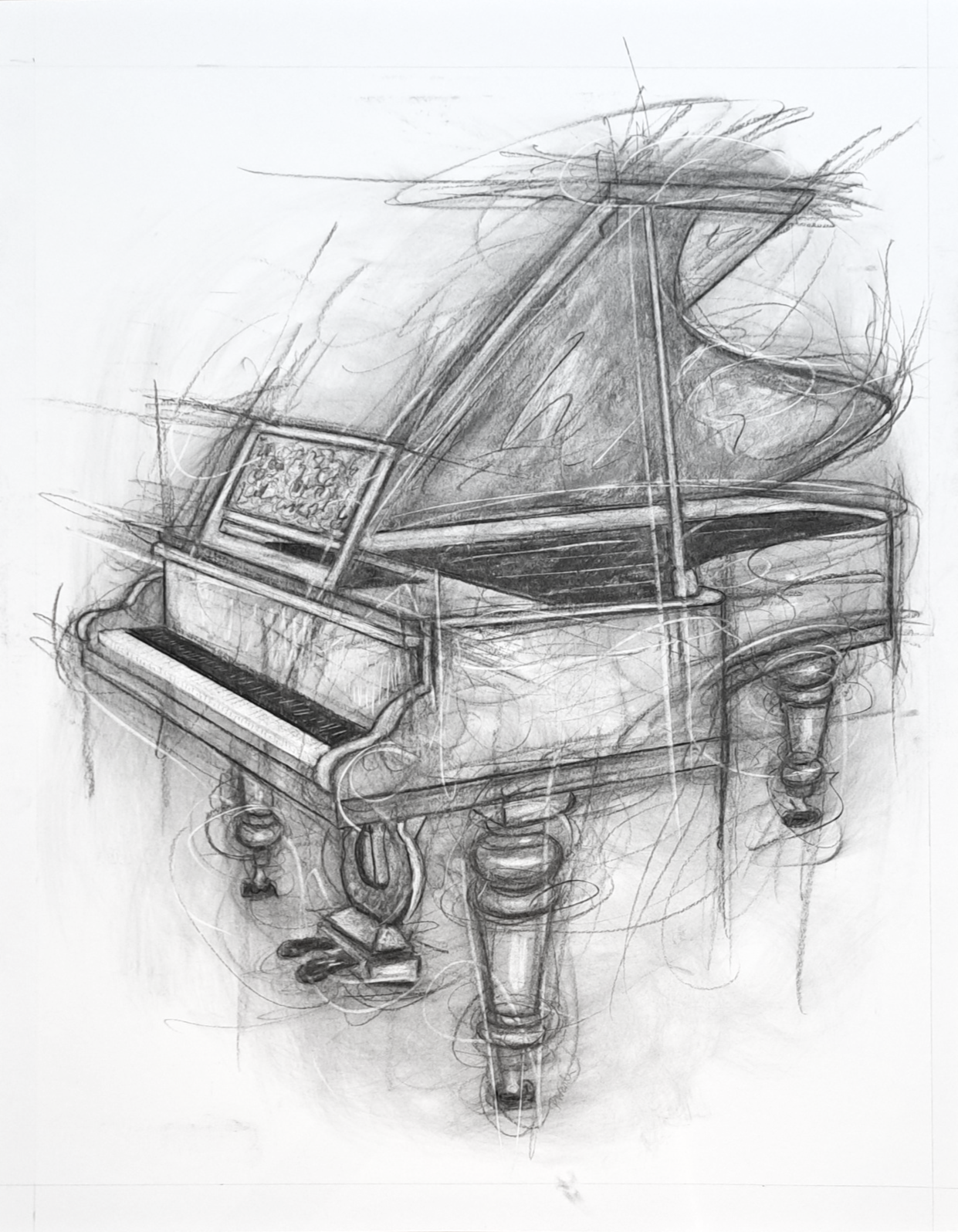 Penny Warden Piano 60x84cm drawing original hand-drawn pencil and charcoal artwork of Grand Piano instrument in modern abstract art style