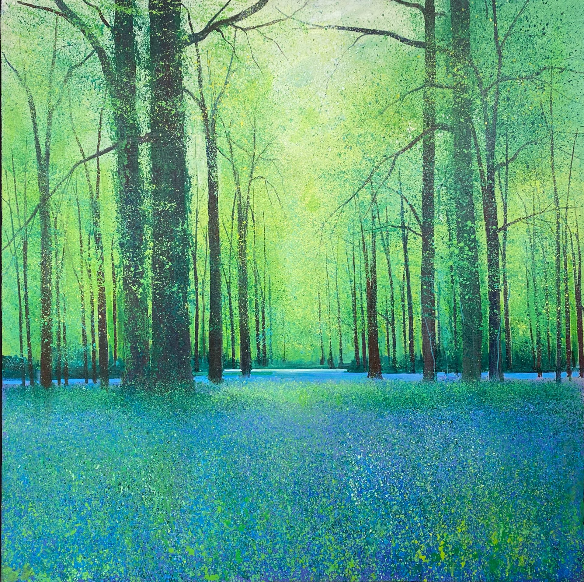 John Connolly The Magic of Spring Hampshire Bluebells Art springtime bluebells forest painting with green trees and blue flowers in modern painting artwork style