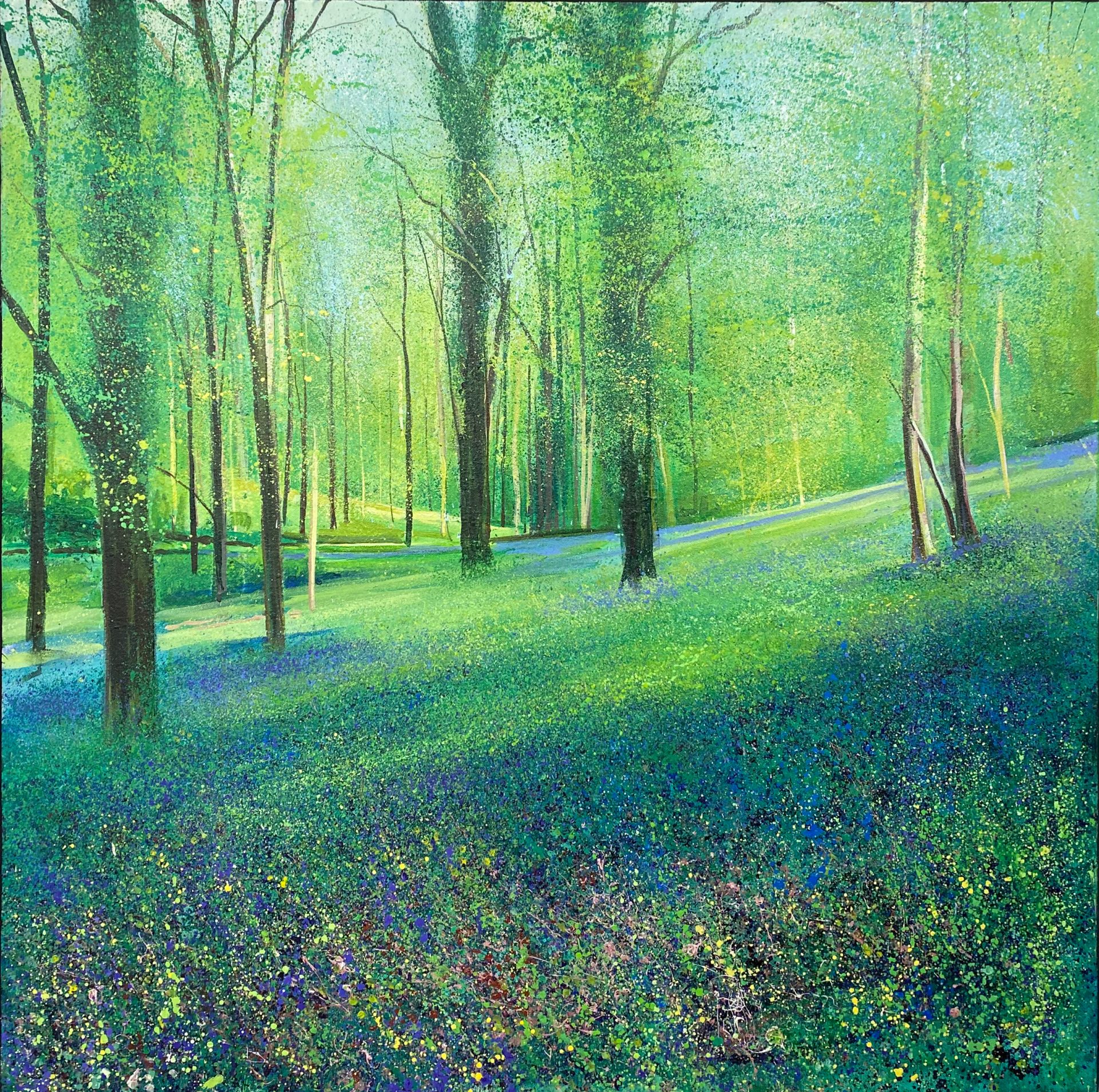 John Connolly Theres No Time Like Spring Bluebells Painting Vibrant blue and green Spring woodland painting with trees and bluebells in forest in modern art style